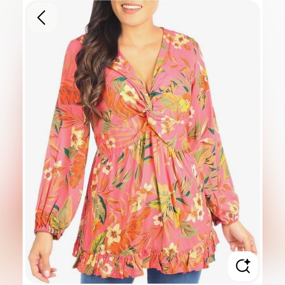 NWT Bunulu Top Womens Coral Pink Floral Boho Tunic Rayon Summer Cami 2X